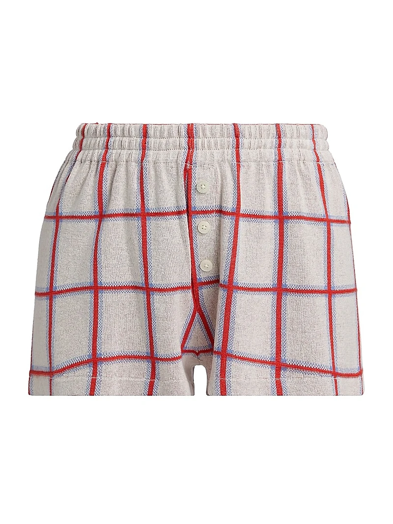 Picnic Plaid Silk-Linen Elasticized Shorts