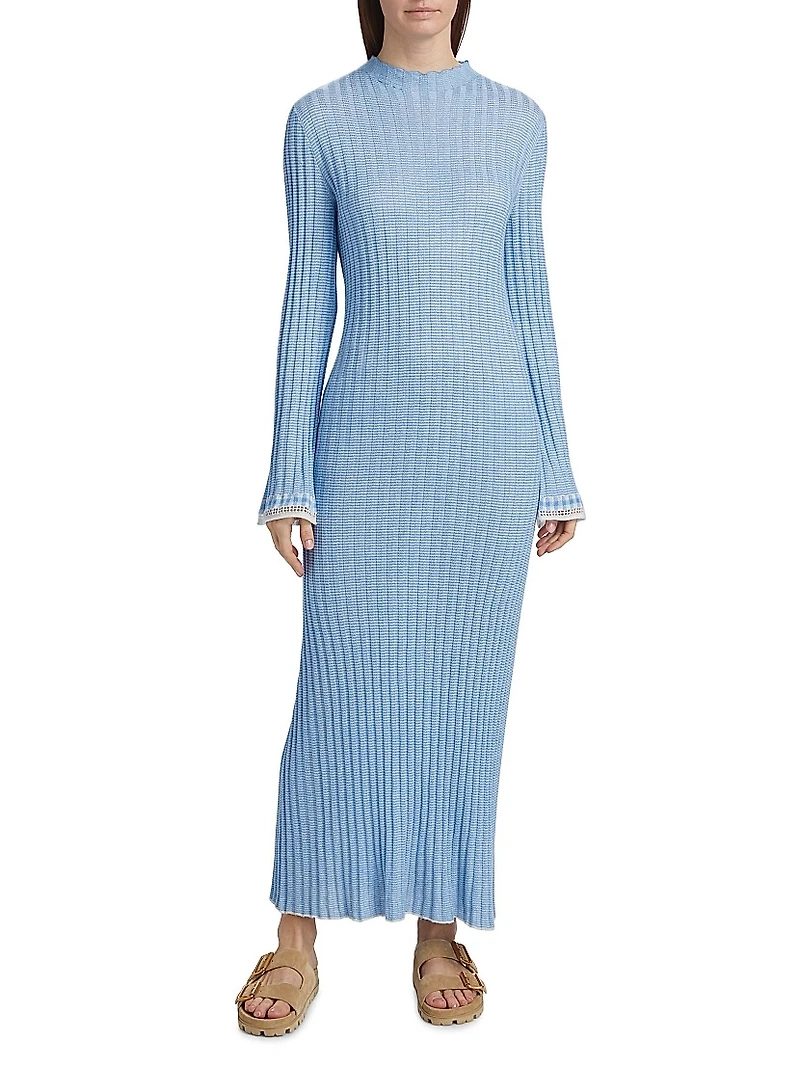 Striped-Trim Silk-Linen Maxi Dress