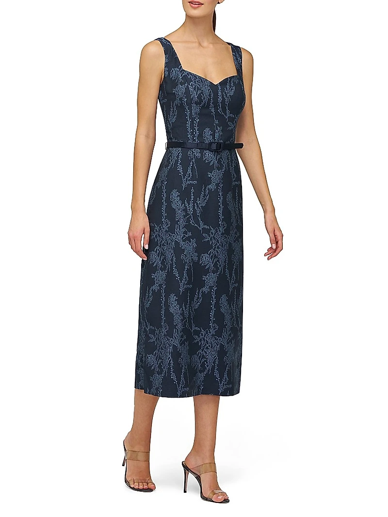 Drew Jacquard Belted Sheath Midi-Dress