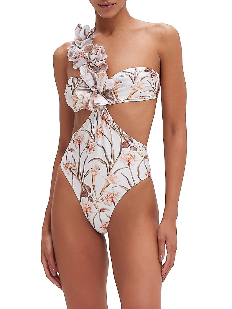 Botanic Retro Flower Appliqué One-Piece Swimsuit