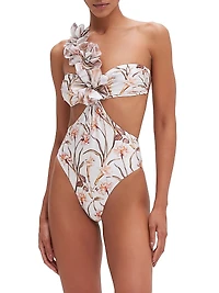 Botanic Retro Flower Appliqué One-Piece Swimsuit