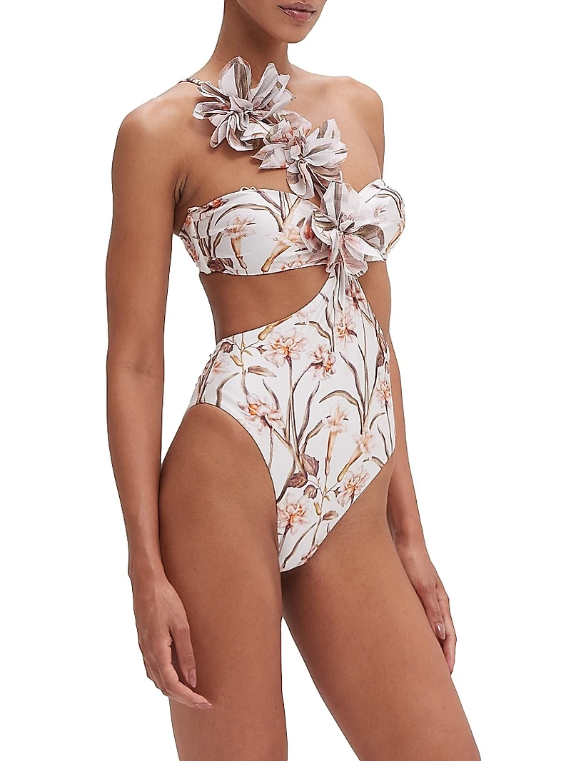 Botanic Retro Flower Appliqué One-Piece Swimsuit