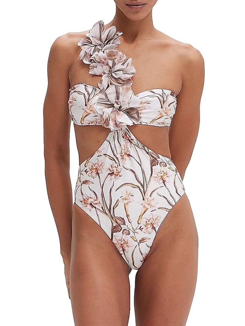 Botanic Retro Flower Appliqué One-Piece Swimsuit