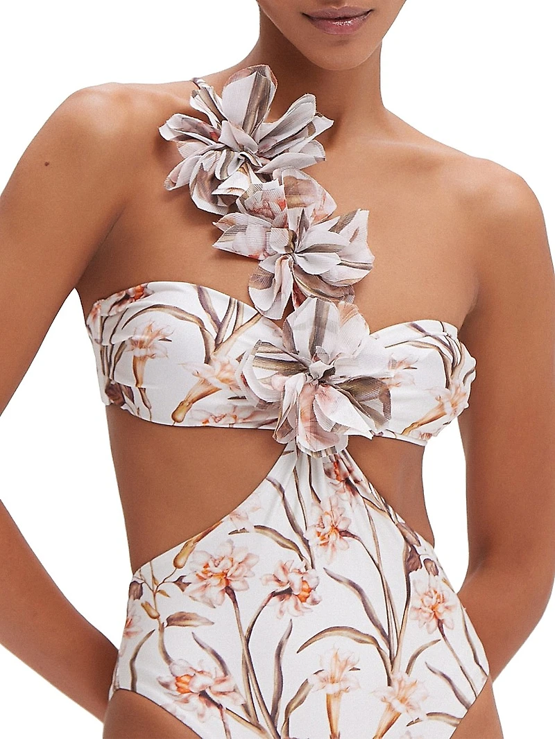Botanic Retro Flower Appliqué One-Piece Swimsuit