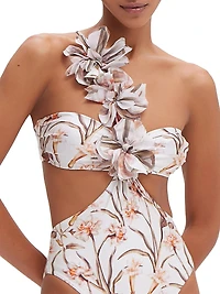 Botanic Retro Flower Appliqué One-Piece Swimsuit