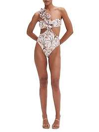 Botanic Retro Flower Appliqué One-Piece Swimsuit