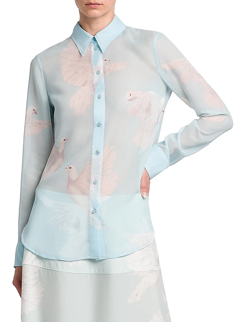 Birds Silk Georgette Slim-Fit Shirt