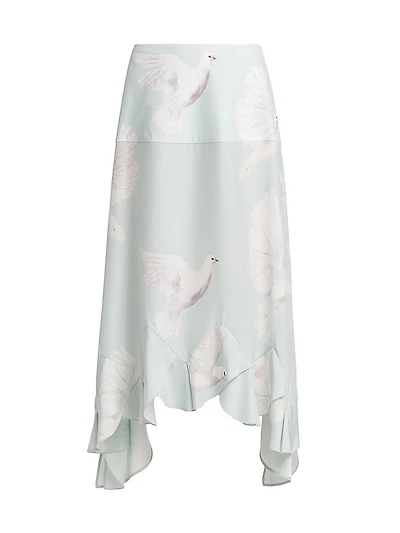 Birds Silk Asymmetric Maxi Skirt