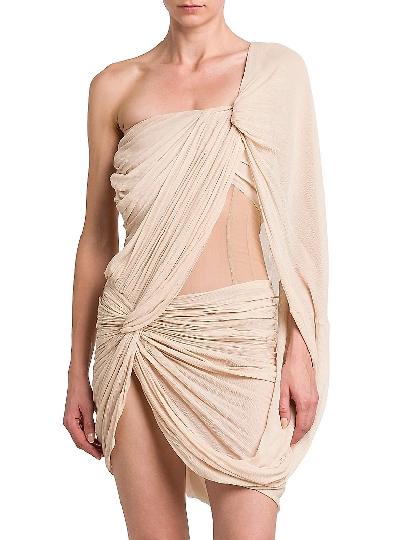 Drape Creponne Silk Asymmetric Cape Minidress