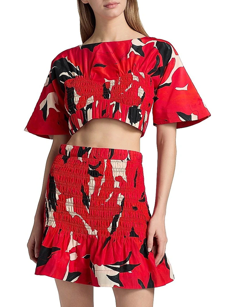 Elle Smocked Cotton-Silk Crop Top