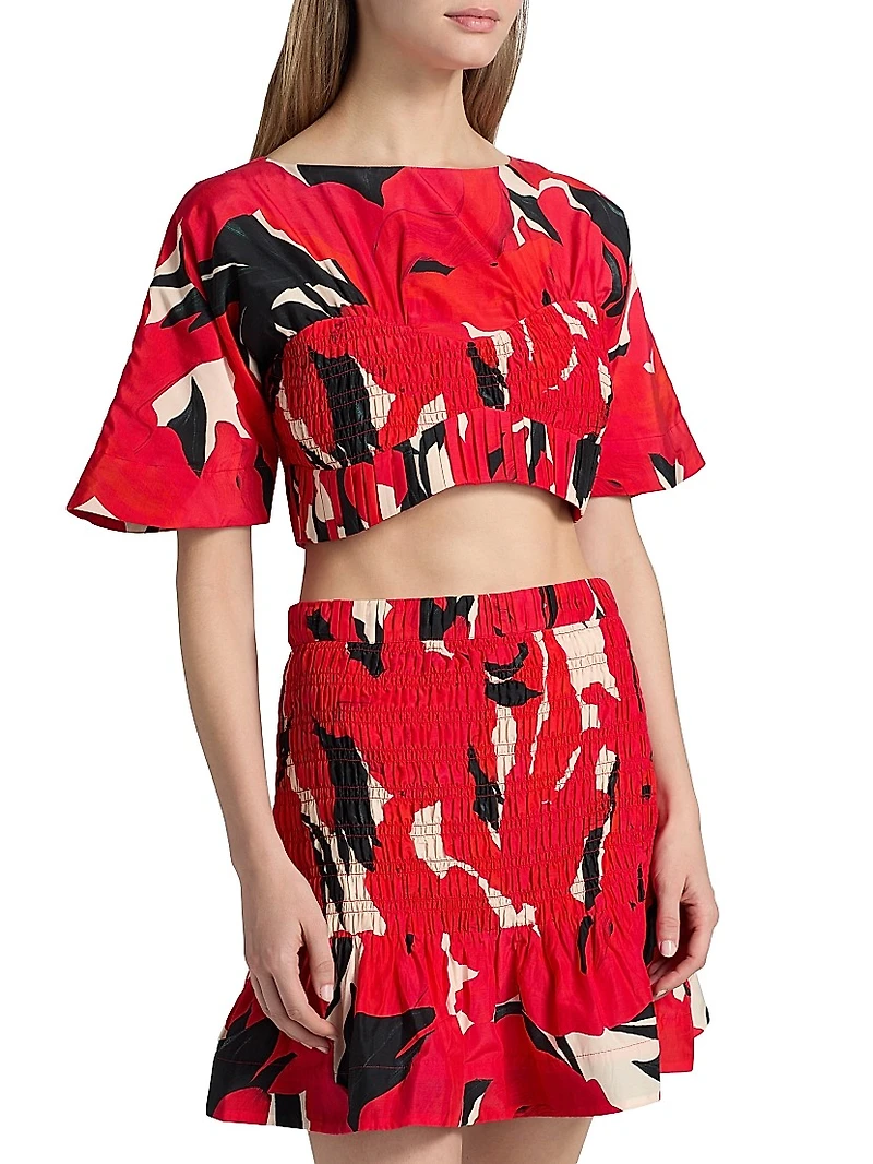 Elle Smocked Cotton-Silk Crop Top