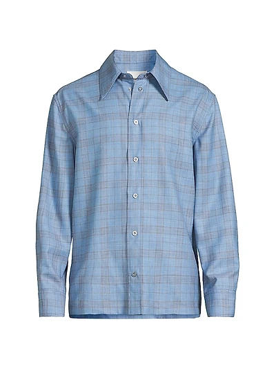 Plaid Wool-Linen Snap-Front Shirt
