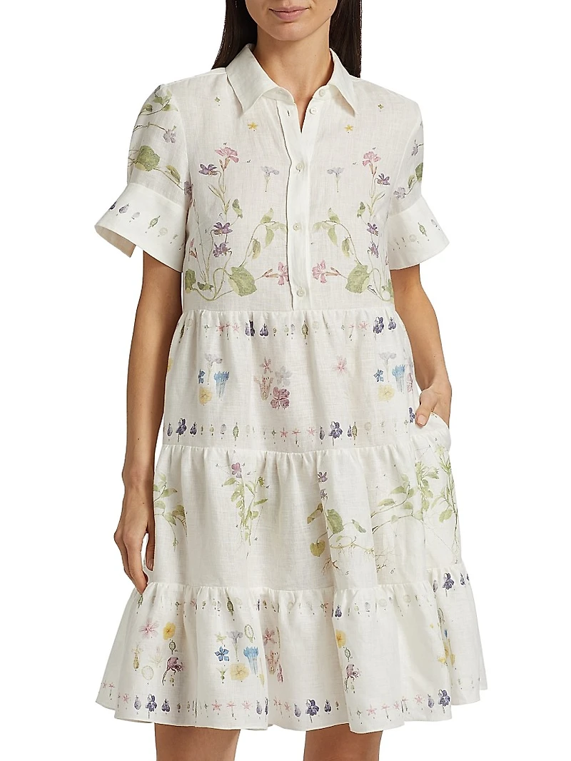 Botanical Short-Sleeve Mini Shirtdress