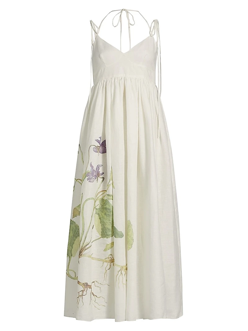 Floral Linen Strappy Midi-Dress