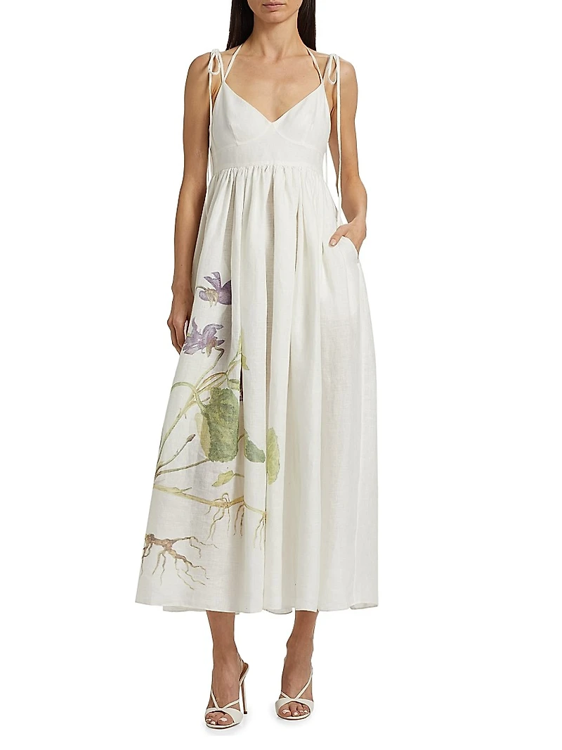 Floral Linen Strappy Midi-Dress