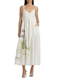 Floral Linen Strappy Midi-Dress