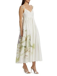 Floral Linen Strappy Midi-Dress