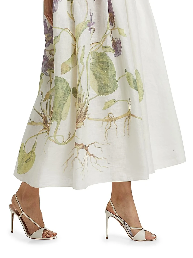 Floral Linen Strappy Midi-Dress