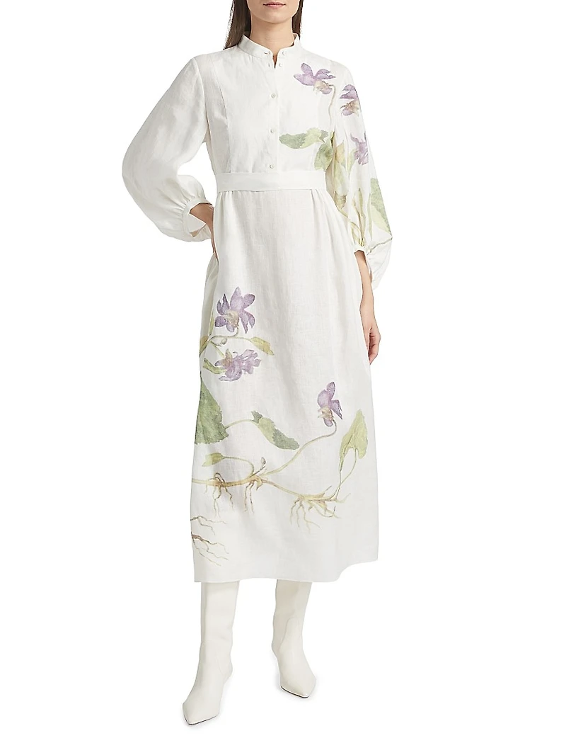 Botanical Tie-Waist Midi-Dress