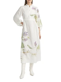 Botanical Tie-Waist Midi-Dress