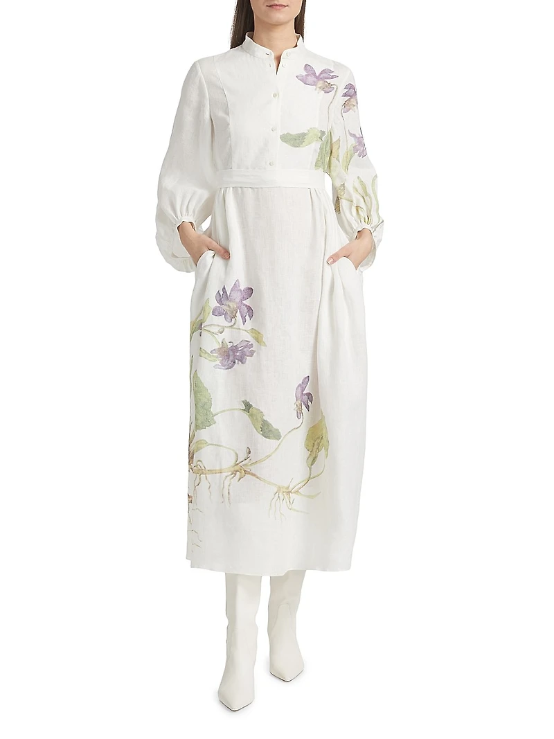 Botanical Tie-Waist Midi-Dress