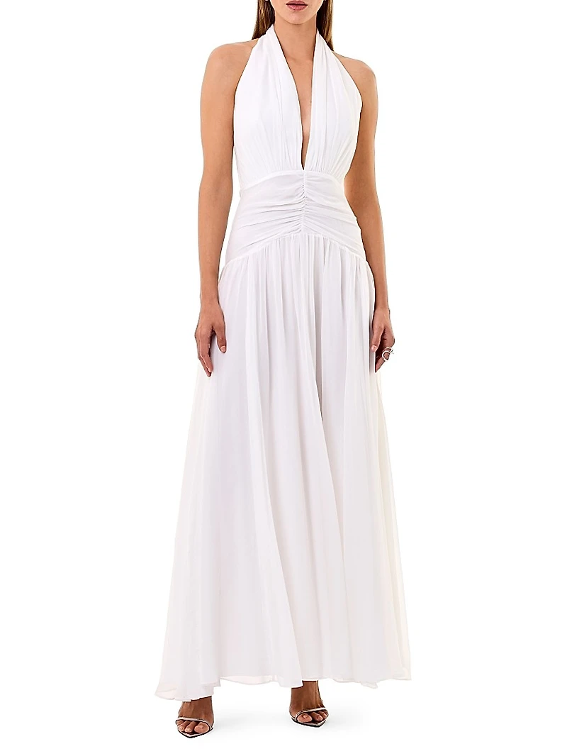 Arella Polka Dot Silk Halterneck Maxi Dress