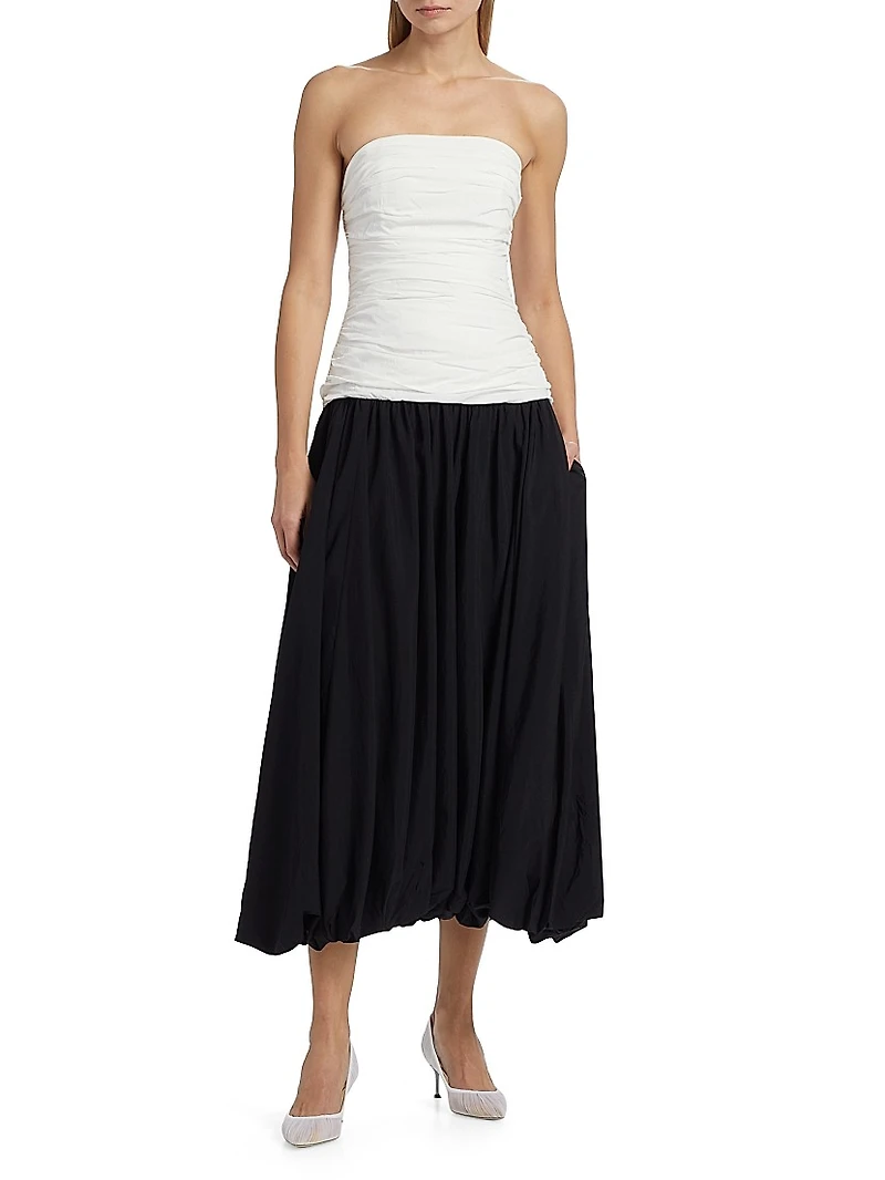 Despina Ruched Colorblocked Strapless Midi-Dress