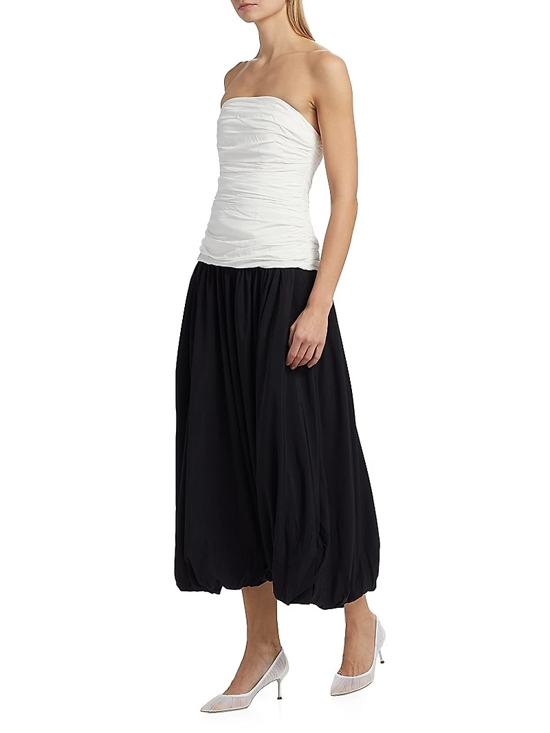 Despina Ruched Colorblocked Strapless Midi-Dress