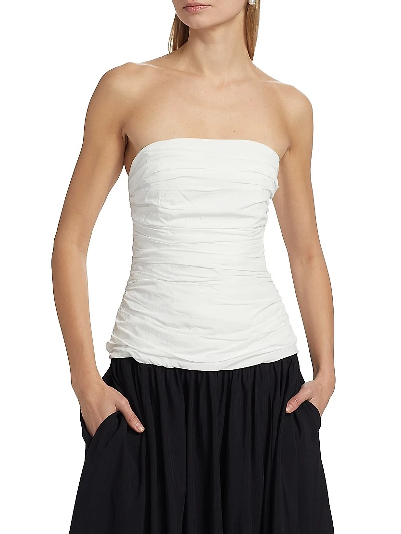 Despina Ruched Colorblocked Strapless Midi-Dress