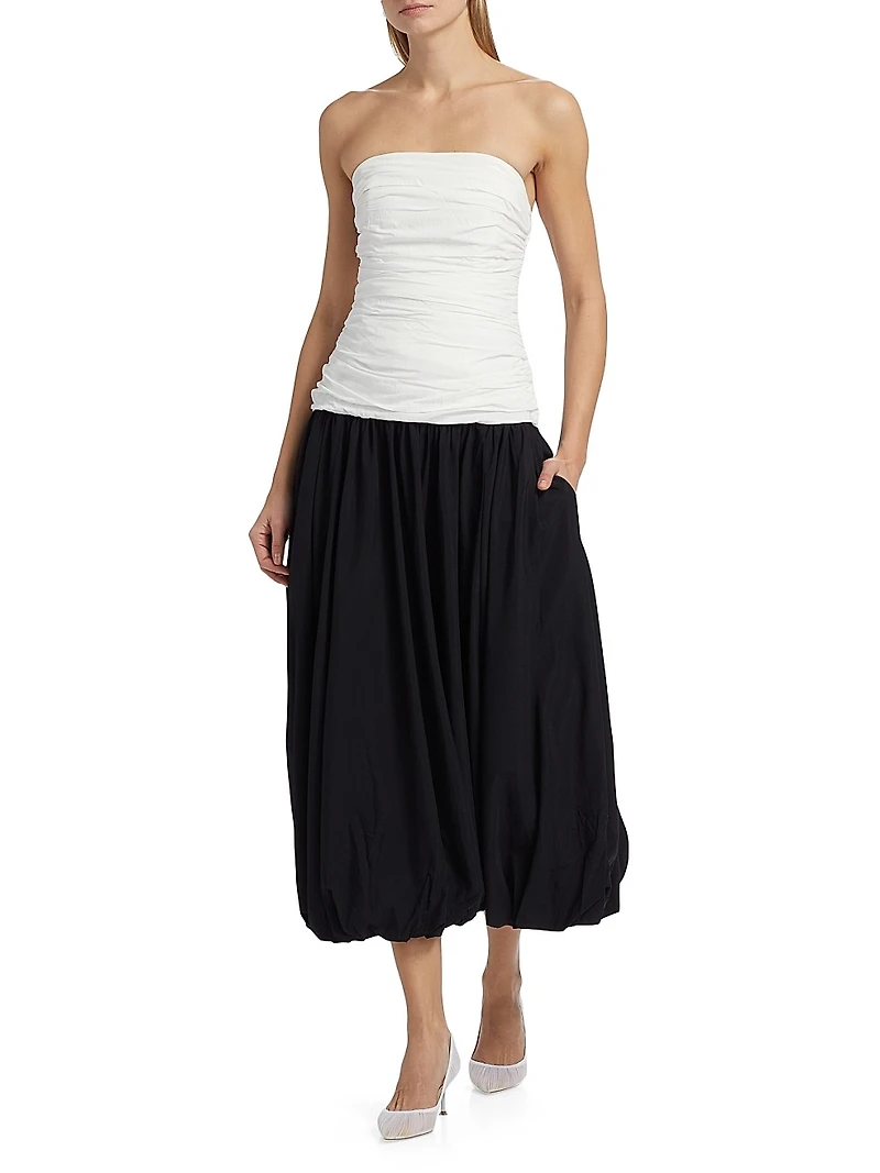 Despina Ruched Colorblocked Strapless Midi-Dress
