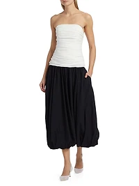 Despina Ruched Colorblocked Strapless Midi-Dress