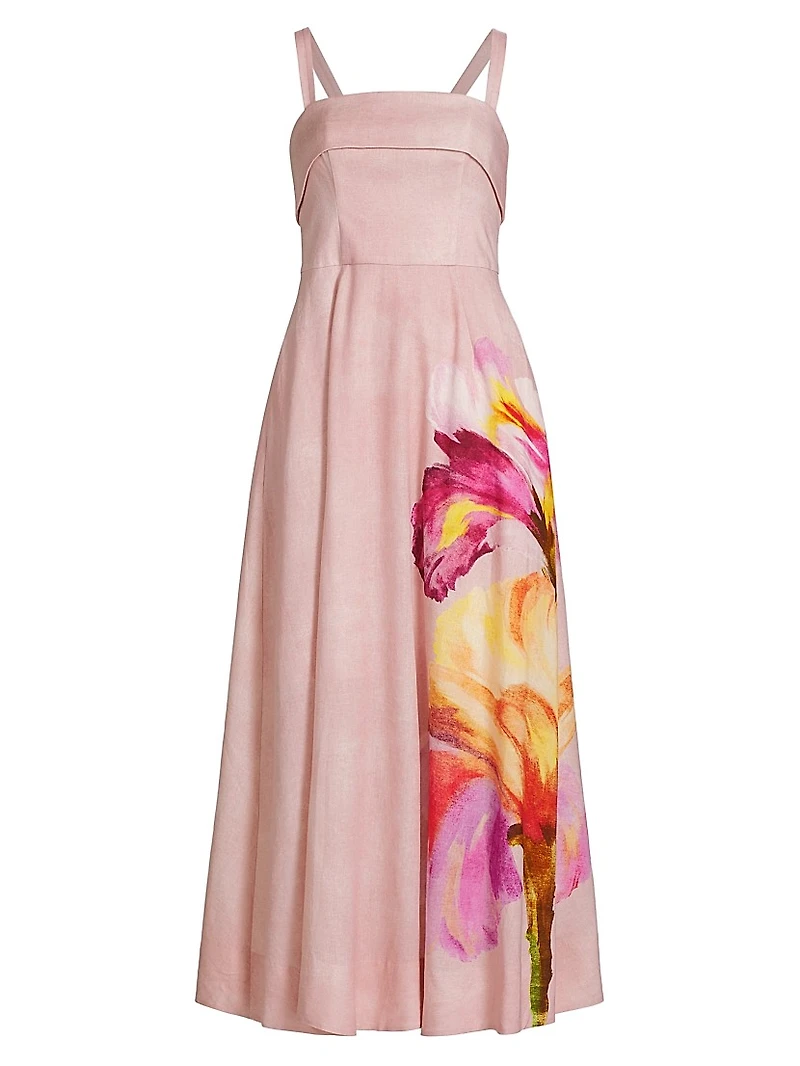 Carmellia Floral Linen-Blend Midi-Dress
