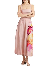 Carmellia Floral Linen-Blend Midi-Dress