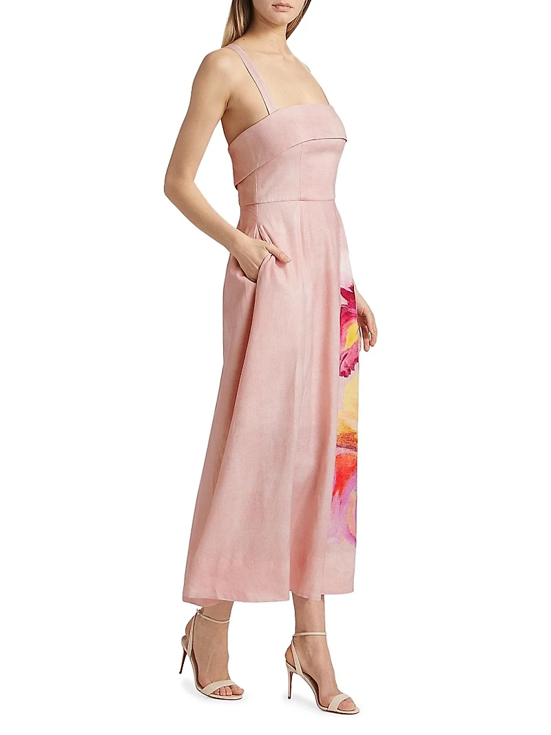 Carmellia Floral Linen-Blend Midi-Dress
