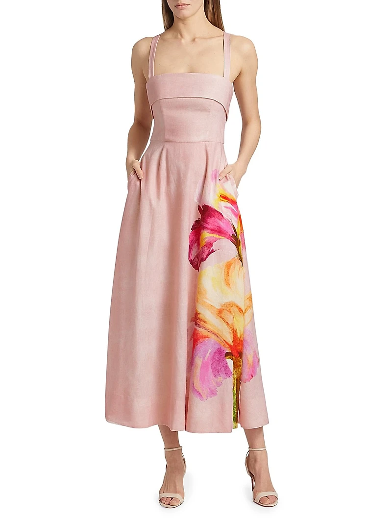 Carmellia Floral Linen-Blend Midi-Dress