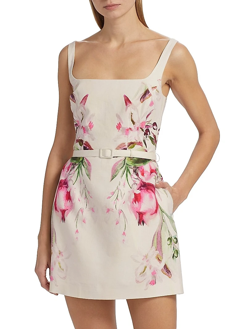 Elissa Floral Linen-Blend Belted Minidress