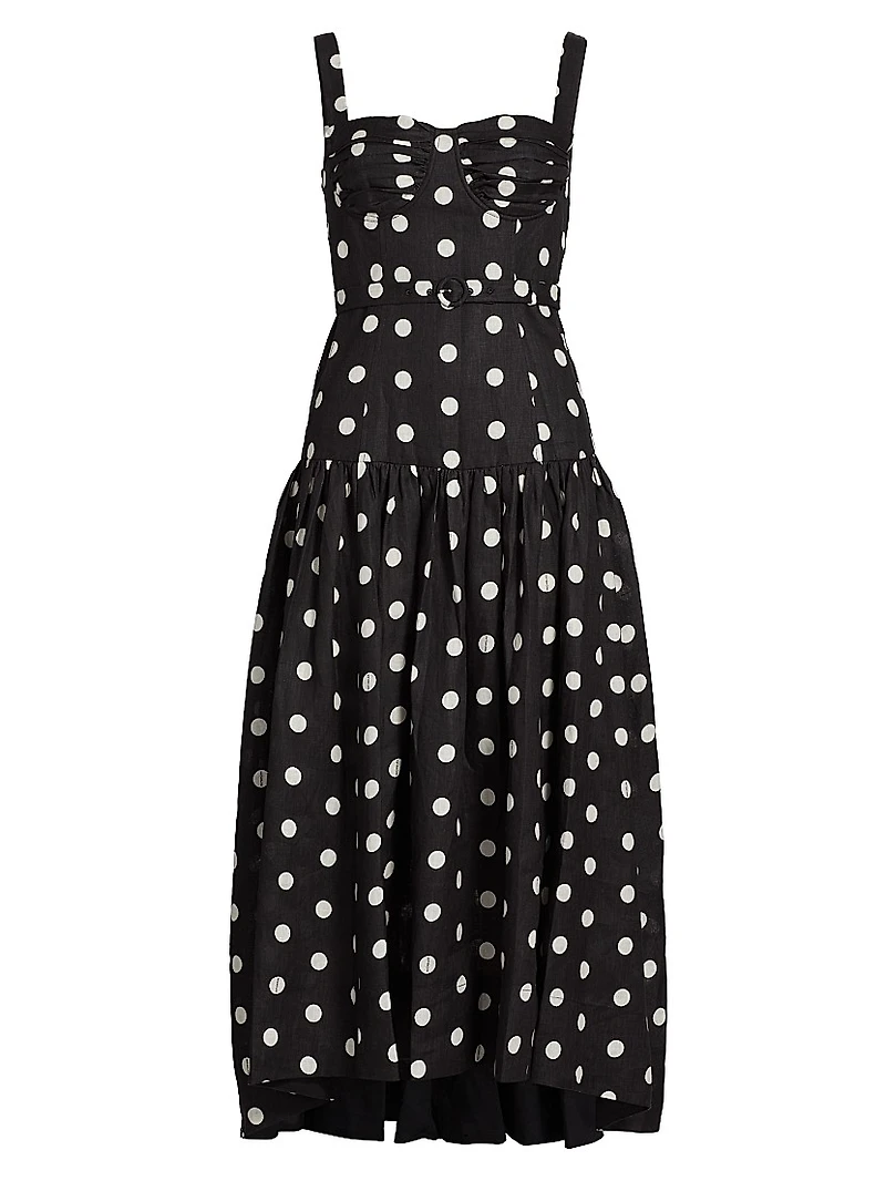 Drenica Polka Dot Linen Drop-Waist Midi-Dress