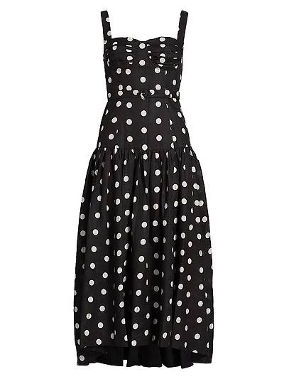 Drenica Polka Dot Linen Drop-Waist Midi-Dress
