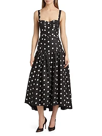 Drenica Polka Dot Linen Drop-Waist Midi-Dress