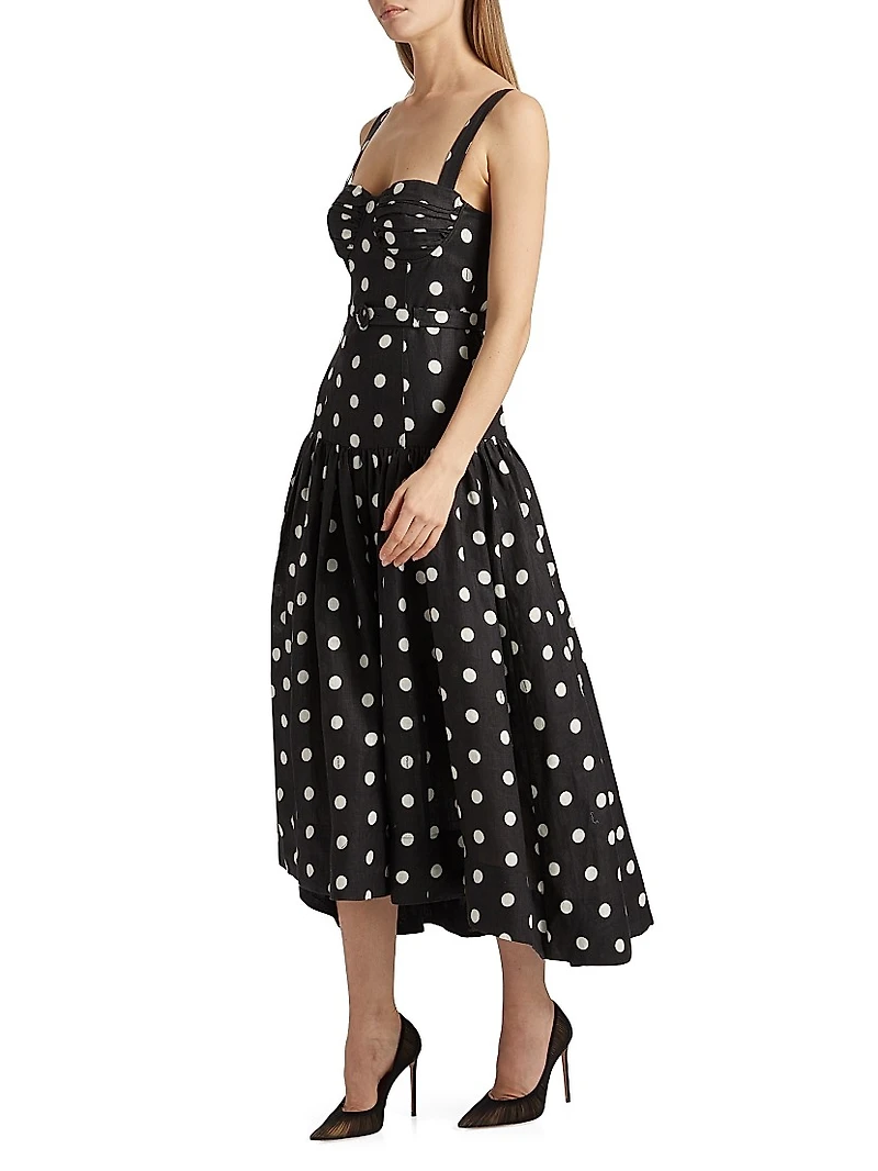 Drenica Polka Dot Linen Drop-Waist Midi-Dress