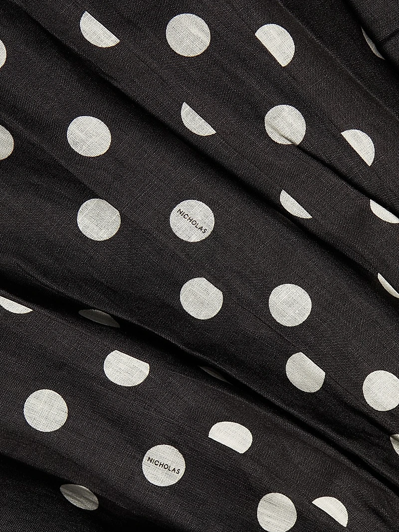 Drenica Polka Dot Linen Drop-Waist Midi-Dress