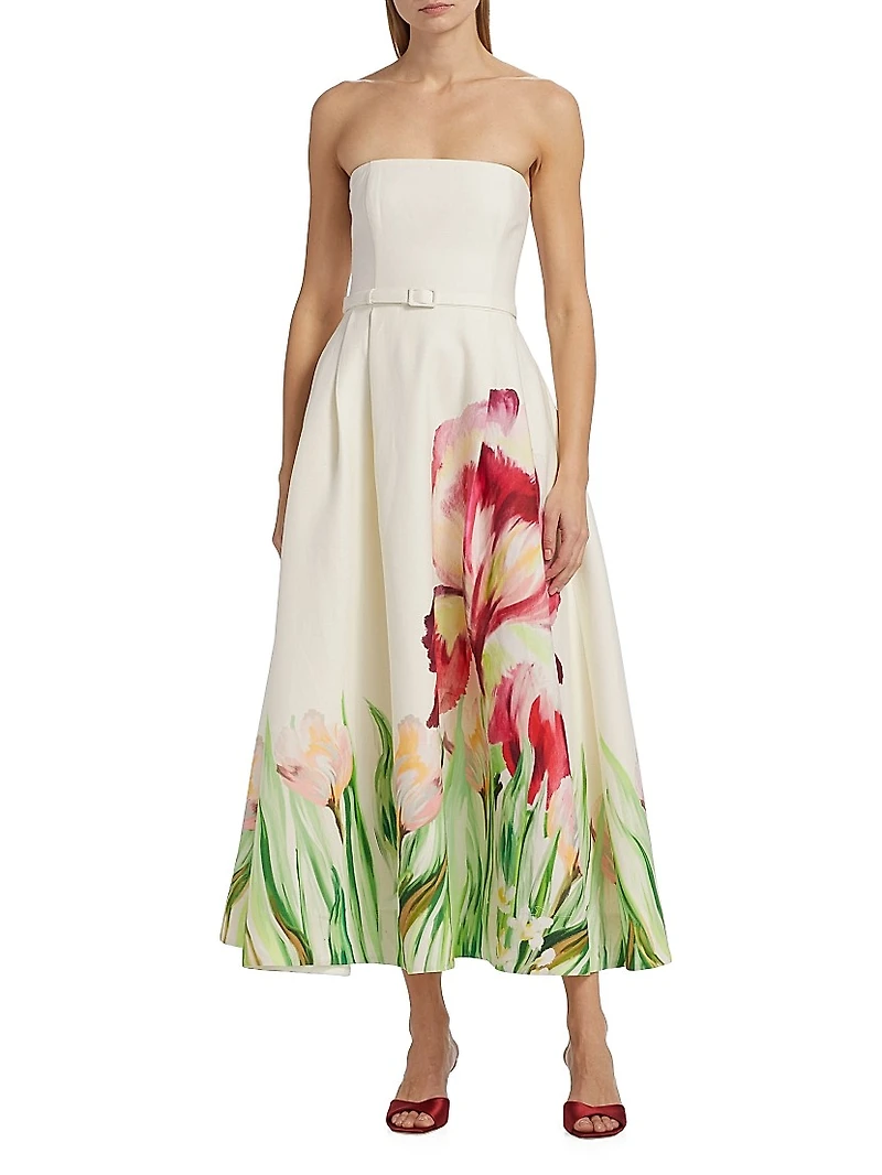 Kyra Floral Belted Strapless Fit & Flare Midi-Dress