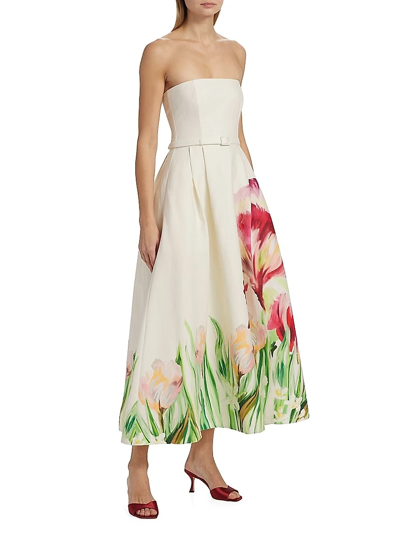 Kyra Floral Belted Strapless Fit & Flare Midi-Dress