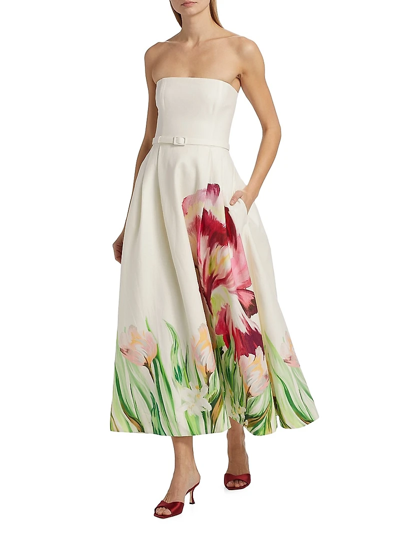 Kyra Floral Belted Strapless Fit & Flare Midi-Dress
