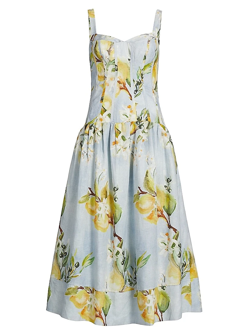 Makenna Floral Linen Drop-Waist Midi-Dress