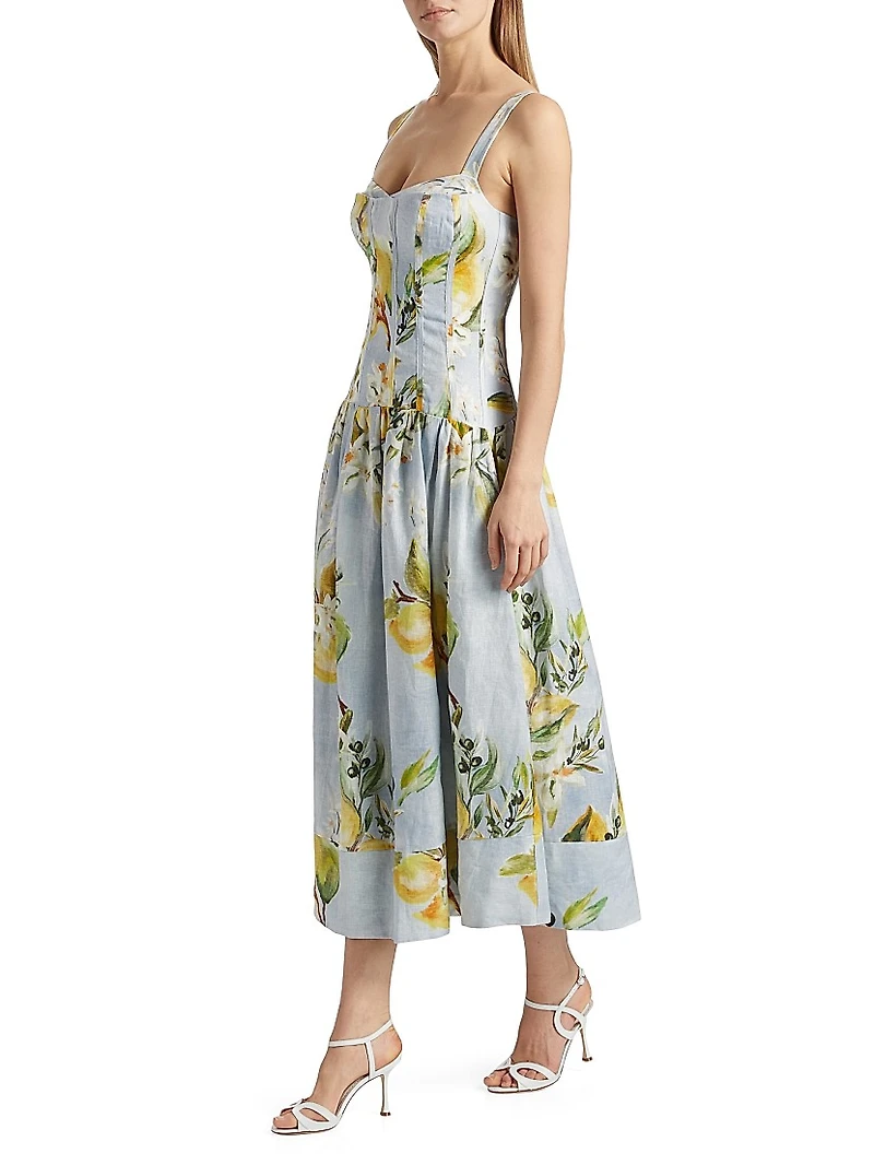 Makenna Floral Linen Drop-Waist Midi-Dress