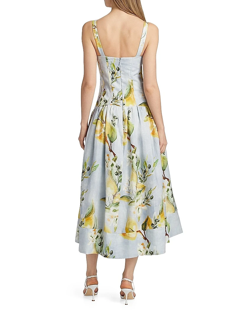Makenna Floral Linen Drop-Waist Midi-Dress