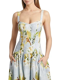 Makenna Floral Linen Drop-Waist Midi-Dress