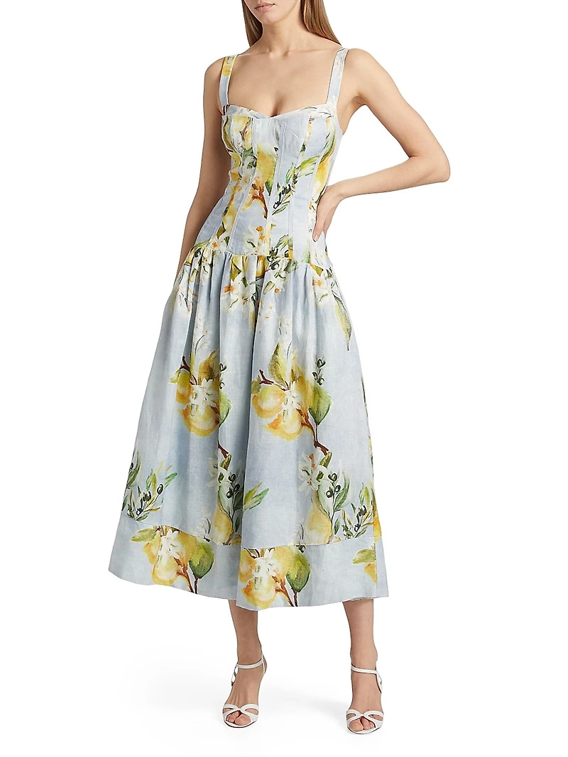 Makenna Floral Linen Drop-Waist Midi-Dress