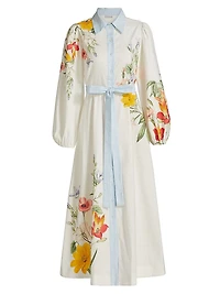 Antiquity Lucille Floral Linen-Cotton Tie-Waist Shirtdress